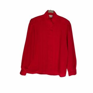 Vintage Red Long Sleeve High Neck Pintuck Blouse